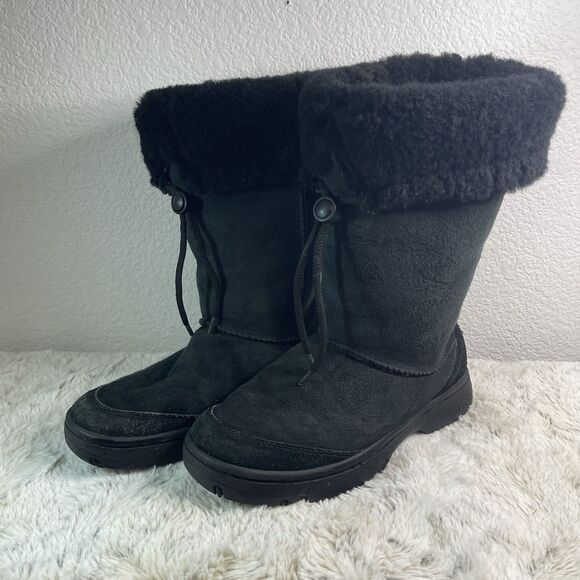 UGG Tall Winter Boots Size 7 EU 38 Black Leather Sheepskin - Picture 3 of 6